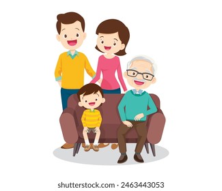 Happy family concept. Man and woman stand next to their son and daughter, grandfather and grandmother. Family portrait or photograph