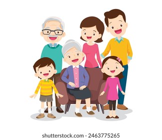 Happy family concept. Man and woman stand next to their son and daughter, grandfather and grandmother. Family portrait or photograph