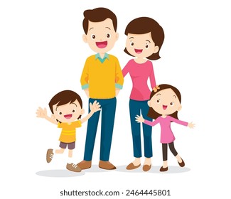 Happy family concept. Man and woman stand next to their son and daughter, grandfather and grandmother. Family portrait or photograph