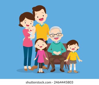 Happy family concept. Man and woman stand next to their son and daughter, grandfather and grandmother. Family portrait or photograph
