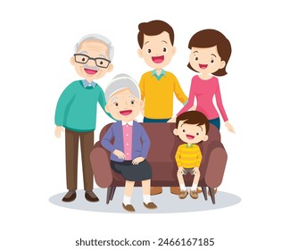Happy family concept. Man and woman stand next to their son and daughter, grandfather and grandmother. Family portrait or photograph