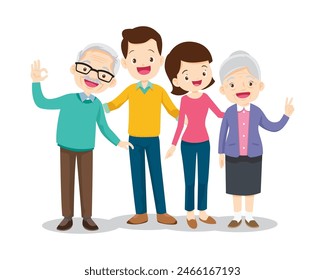 Happy family concept. Man and woman stand next to their son and daughter, grandfather and grandmother. Family portrait or photograph