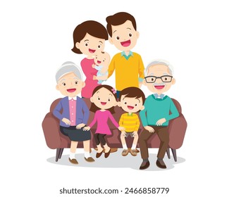 Happy family concept. Man and woman stand next to their son and daughter, grandfather and grandmother. Family portrait or photograph