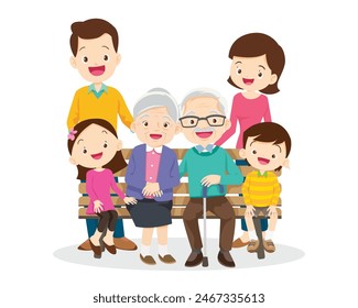 Happy family concept. Man and woman stand next to their son and daughter, grandfather and grandmother. Family portrait or photograph