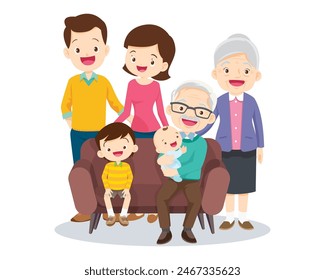 Happy family concept. Man and woman stand next to their son and daughter, grandfather and grandmother. Family portrait or photograph