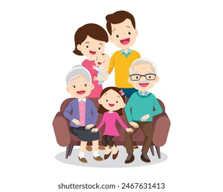 Feliz concepto familiar. Hombre y mujer de pie junto a su hijo e hija, abuelo y abuela. Retrato o fotografía de familia