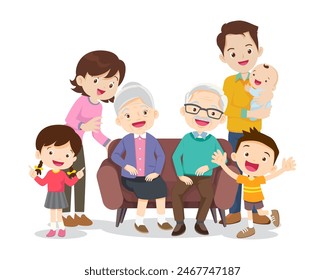 Happy family concept. Man and woman stand next to their son and daughter, grandfather and grandmother. Family portrait or photograph