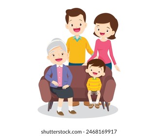 Happy family concept. Man and woman stand next to their son and daughter, grandfather and grandmother. Family portrait or photograph