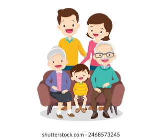 Happy family concept. Man and woman stand next to their son and daughter, grandfather and grandmother. Family portrait or photograph