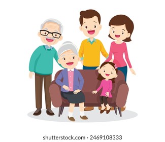 Happy family concept. Man and woman stand next to their son and daughter, grandfather and grandmother. Family portrait or photograph