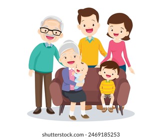 Happy family concept. Man and woman stand next to their son and daughter, grandfather and grandmother. Family portrait or photograph