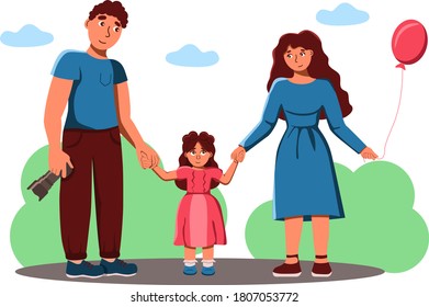 Happy family concept, mom dad daughter holding hands. Stock vector illustration