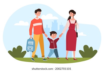 Happy family concept. Mom and dad pick up the child from school, hold his hands and walk in the park. Loving parents. Cartoon colorful flat vector illustration isolated on a white background