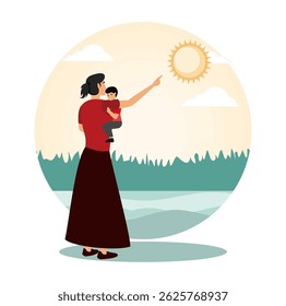 Happy family concept. A mother points to the bright sun while holding her child in a serene outdoor scene. 