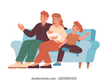 Happy family concept. Parents with children sit on sofa and watch TV. Recreation and entertainment. Poster or banner for website. Mother, father, son and daughter. Cartoon flat vector illustration