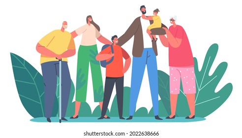 Happy Family Concept. Parents, Grandparents and Children Characters, Holding Hands, Embrace and Smiling. Generation Relations, Happiness, Childhood and Parenting. Cartoon People Vector Illustration