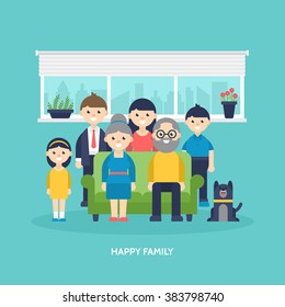 Happy family concept. Parents, kids and grandparents together at home. Vector illustration 