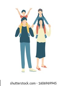 Happy family concept. Parents with their children on white background. Family laisure. Mother and father spend time with their kids. Isolated vector illustration in cartoon style