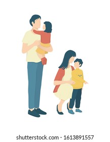 Happy family concept. Parents with their children on white background. Family laisure. Mother and father spend time with their kids. Isolated vector illustration in cartoon style