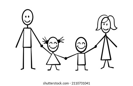 Happy family concept. Parents and their children stick figures isolated on white background. Vector illustration.