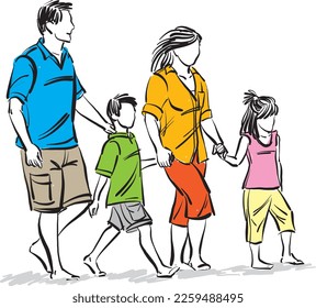 happy family concept vacations walking parents son daughter mother father vector illustration