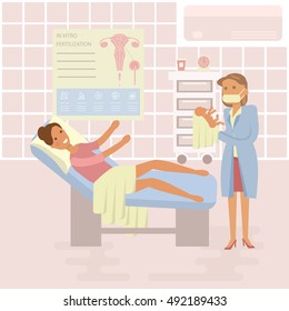 Happy family concept. Woman gives birth to a child. Midwife, baby on Maternity ward background. Gynecology, childbirth, People in flat design. Cartoon characters, illustration vector eps10