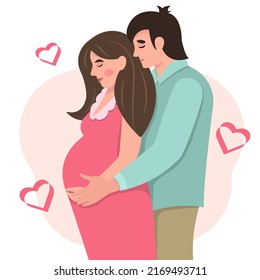 
Happy family concept. A young couple is expecting a baby. Happy relationship. Pregnancy and motherhood. Vector illustration in a flat style. Cartoon character. Pregnant girl holding her stomach. 