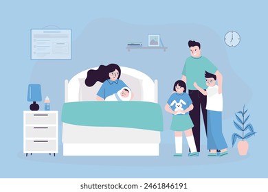 Happy family concept. Young mother with newborn baby, father, daughter and son in hospital ward. Family portrait after baby birth. Parents with children in clinic room. flat vector illustration