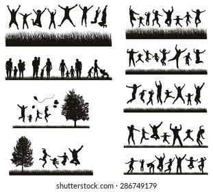 Happy Family . Conceptual background. Set of Men's, Women's and Children Silhouettes. 
Active People on the Party and Nature.