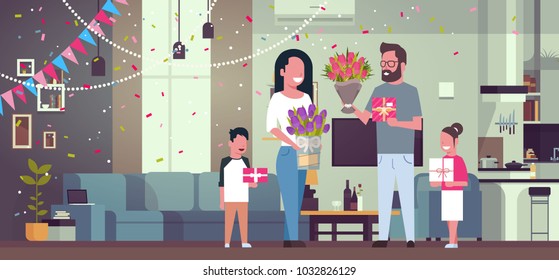 Happy Family Congradulating Mother With Women Day 8 March with Presents And Flowers In Living Room Flat Vector Illustration