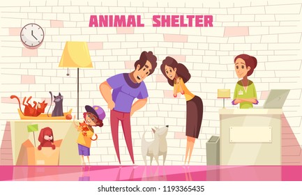 Happy family consisting of mother father and little son adopting  dog from animal shelter flat vector illustration