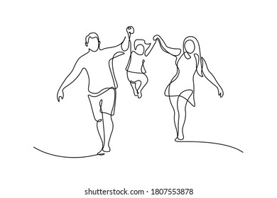 Happy family in continuous line art drawing style. Front view of parents with their little kid holding hands and walking together black linear sketch isolated on white background. Vector illustration