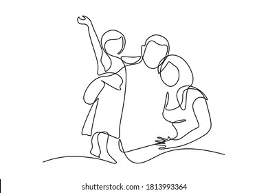 Happy family in continuous line art drawing style  United family portrait parents   their little girl kid black linear sketch isolated white background  Vector illustration