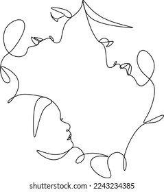 Happy family in continuous line art drawing style. United family portrait of parents and their little girl kid black linear sketch isolated on white background. Vector illustration