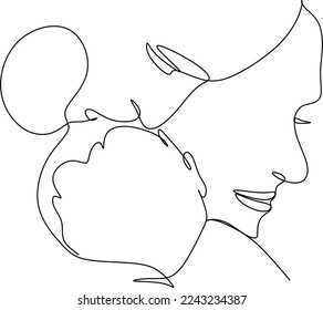 Happy family in continuous line art drawing style. United family portrait of parents and their little girl kid black linear sketch isolated on white background. Vector illustration
