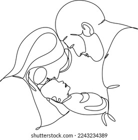 Happy family in continuous line art drawing style. United family portrait of parents and their little girl kid black linear sketch isolated on white background. Vector illustration