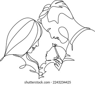 Happy family in continuous line art drawing style. United family portrait of parents and their little girl kid black linear sketch isolated on white background. Vector illustration
