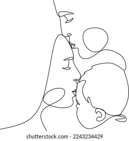 Happy family in continuous line art drawing style. United family portrait of parents and their little girl kid black linear sketch isolated on white background. Vector illustration