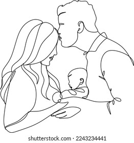 Happy family in continuous line art drawing style. United family portrait of parents and their little girl kid black linear sketch isolated on white background. Vector illustration