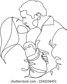 Happy family in continuous line art drawing style. United family portrait of parents and their little girl kid black linear sketch isolated on white background. Vector illustration