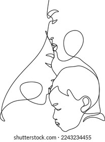 Happy family in continuous line art drawing style. United family portrait of parents and their little girl kid black linear sketch isolated on white background. Vector illustration