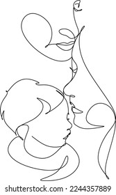Happy family in continuous line art drawing style. United family portrait of parents and their little girl kid black linear sketch isolated on white background. Vector illustration