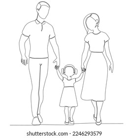 
Happy family in continuous line art drawing style. Front view of parents with their little son holding hands and walking together black linear sketch isolated on white background. Vector illustration