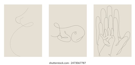 Happy family in continuous line art drawing style. family history, pregnant woman, newborn baby, palms of mom, dad, baby on white isolated background. Vector illustration.	