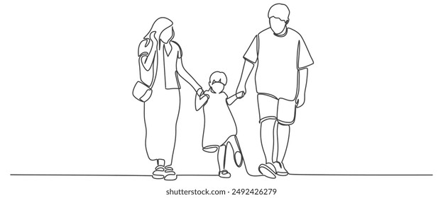 Happy family in continuous line art drawing style. Front view of parents with their little kid holding hands and walking together black linear sketch isolated on white background. Vector illustration