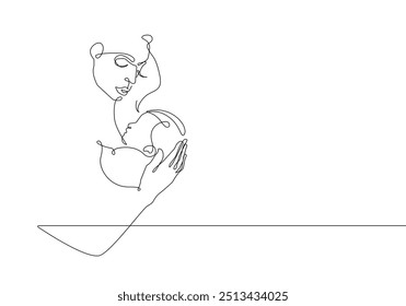 Happy Family Continuous Line Art Drawing. Mother Holds Newborn Abstract Line Drawing Minimalist Illustration. Vector EPS 10.	