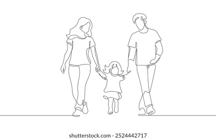 Dibujo continuo de una línea de la familia feliz. Madre, padre e hijo caminando juntos Dibujo de línea Abstractas en estilo minimalista. Ilustración vectorial