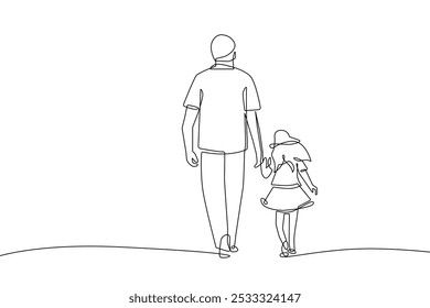 Happy Family Continuous One Line Drawing. Father and Daughter Walking Together Single Line Drawing Minimalist Illustration. Happy Father`s Day Vector Illustration