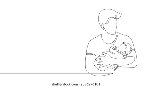 Happy Family Continuous One Line Drawing. Father and Newborn Baby Abstract Single Line Drawing Minimalist Illustration. Happy Father`s Day Vector Illustration