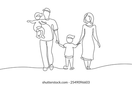 Dibujo continuo de una línea de la familia feliz. Madre, padre e hijos caminando juntos Ilustración minimalista de dibujo de una sola línea. Familia feliz Ilustración vectorial simple. No es IA